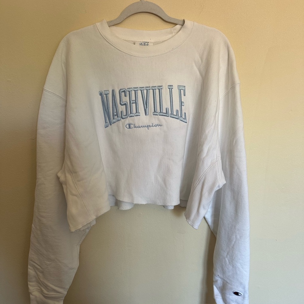 White with Blue Embroidered Cropped Nashville Crew Sweatshirt